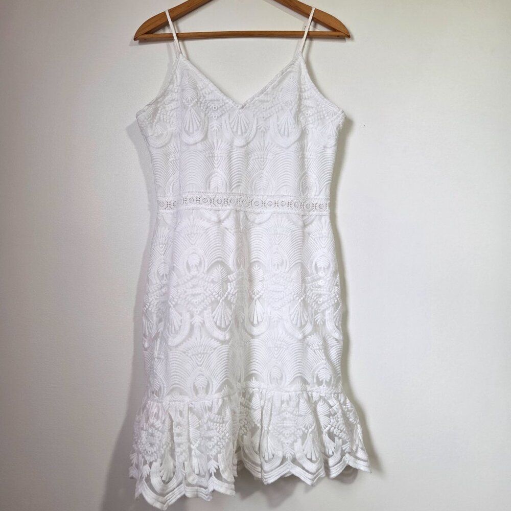EUC EILLY BAZAR WHITE LACED V NECK SPAGHETTI STRAP DRESS LINED SIZE LARGE